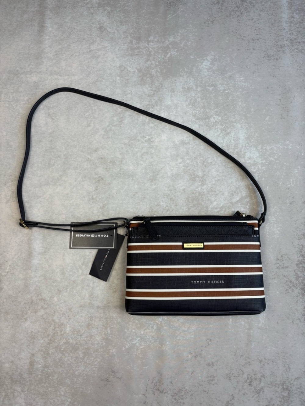 NWT Tommy Hilfiger Crossbody Bag Navy Brown Striped Purse w/ Adjustable Strap
